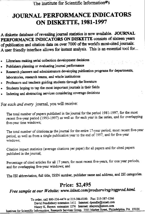 Journal Performance Indicators on Diskette, 1981-1997